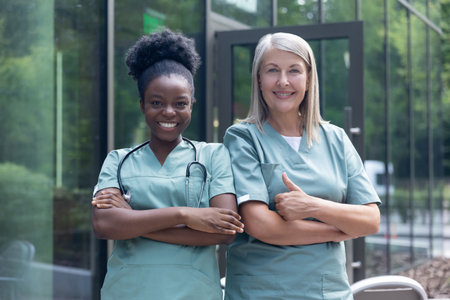 Smiling female doctors in lab coats standing near clinic and looking confidentの写真素材