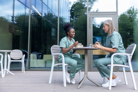 Two female doctors having lunch together and looking talkingの写真素材