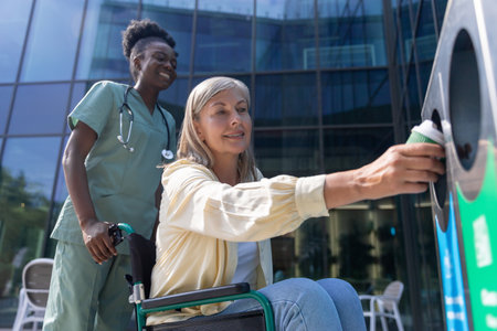 Woman on a wheelchair throwing waste to the bin, nurse carrying her wheelchairの写真素材
