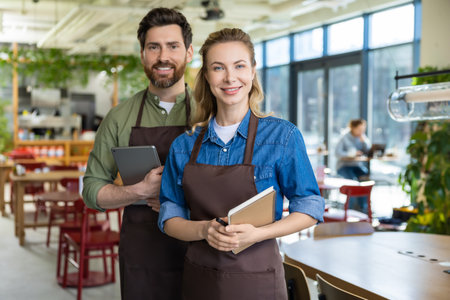 Two waiters in pizzeria looking happy and confident wile waiting for the clientsの写真素材