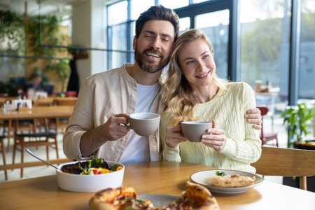 Bearded man and woman enjoying meal at restaurant with pizza and coffee cupsの写真素材