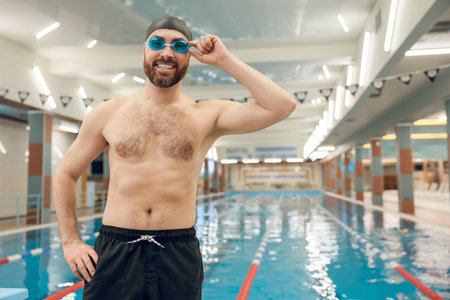 Young caucasian man in the swimming pool feeling excited and happyの写真素材