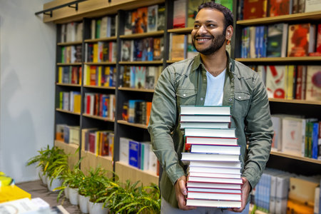 Young african american man carrying a pile of booksの写真素材