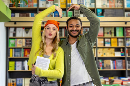 A couple of young people spending time together at the libraryの写真素材