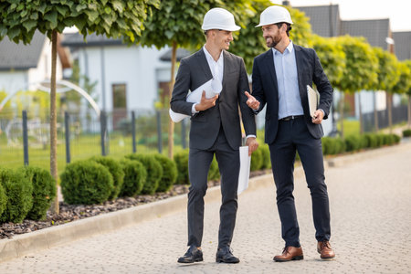 Builders discussing plans with technology outdoorsの写真素材