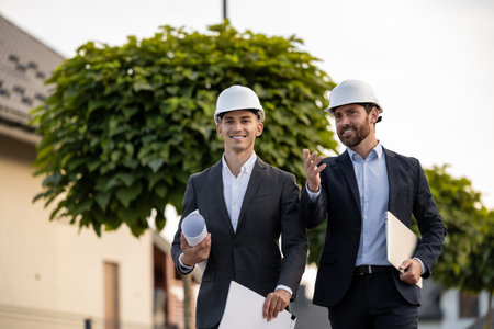 Engineers coordinating project with digital toolsの写真素材