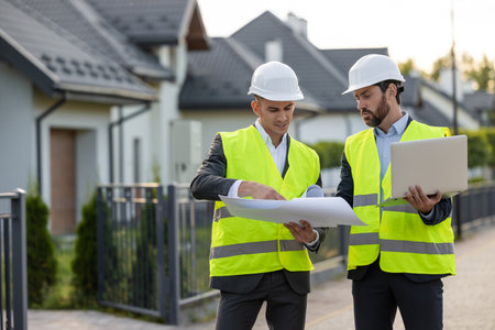 Construction team inspecting site with blueprintsの写真素材
