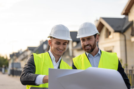 Construction workers reviewing plans in residential areaの写真素材
