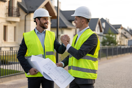Builders analyzing plans outdoorsの写真素材