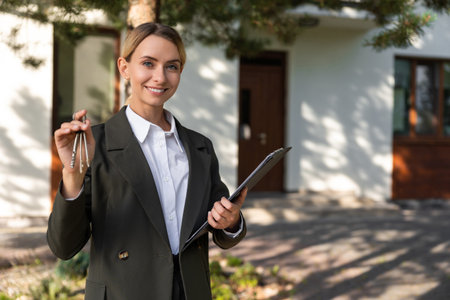 Pretty young woman holding a key from the new house and smiling positivelyの写真素材
