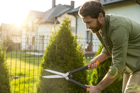 Young caucasian man cutting bushes with a prune in the garden