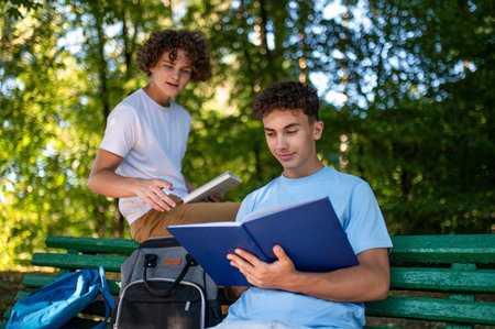 Two teens in the park preparing for the lessons and reading a bookの写真素材