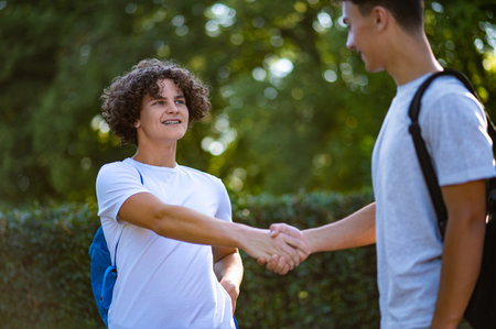 Two friends meeting, shaking hands and looking pleasedの写真素材