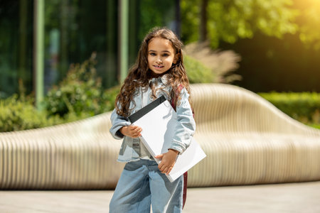 Confident student kid holding folder standing in front of glass buildingの写真素材