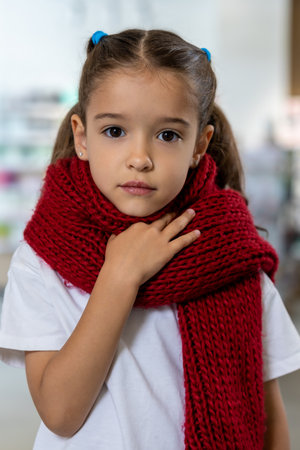 Cute girl with a red scarf looking upset and sadの写真素材