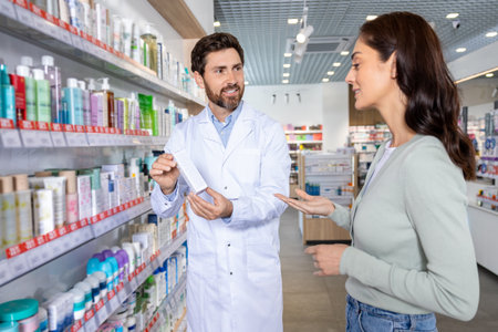 Bearded caucasian male pharmacist demonstrating medicines in the pharmacy to female customerの写真素材