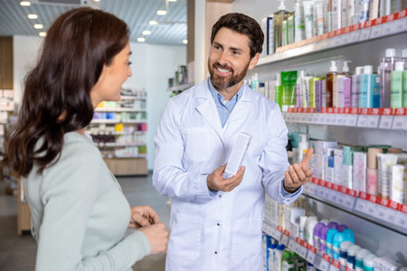 Bearded caucasian male pharmacist demonstrating medicines in the pharmacy to female customerの写真素材
