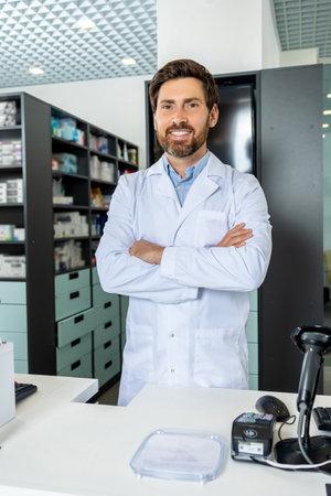 Dark-haired bearded pharmacist in a lab coat looking confident and contentedの写真素材