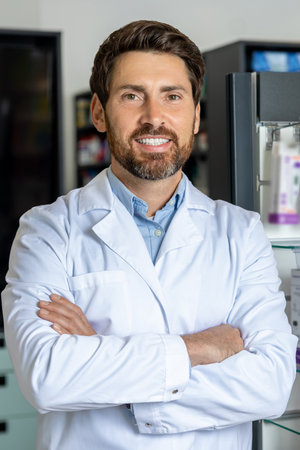Caucasian male pharmacist in a lab coat at his working place