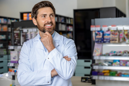 Caucasian male pharmacist in a lab coat at his working placeの写真素材