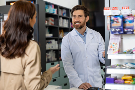 Female customer talking to a pharmacist and both looking involvedの写真素材