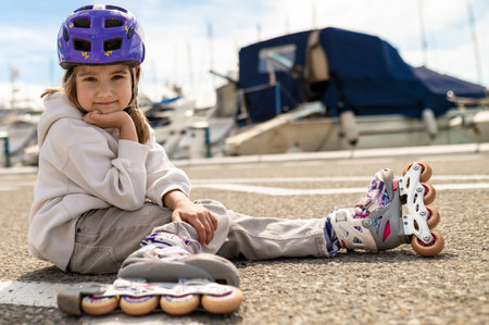 Kid in grey pants and helmet resting on rollerblades at dock near yachts enjoying sunny waterfront