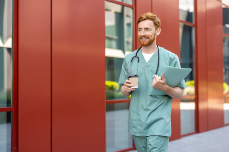 Male medic carrying coffee cup and documents near hospital building