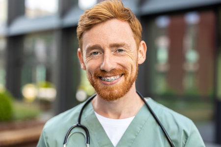 Male in green scrubs with stethoscope around neck looking happyの写真素材