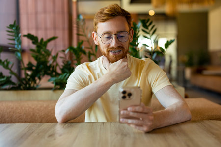 Red-haired in glasses using mobile phone at wooden table in cafeの写真素材