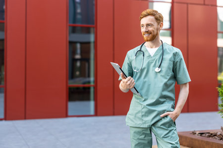 Man in medical uniform standing near hospital with laptop in handsの写真素材