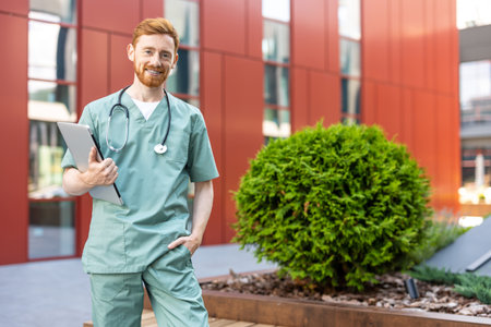 Male doctor holding closed laptop while standing outside clinicの写真素材