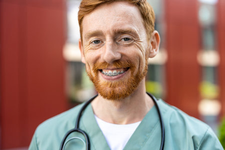 Smiling man doctor in scrubs with ginger beard outdoorsの写真素材
