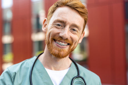Man in scrubs with stethoscope portrait near hospital buildingの写真素材