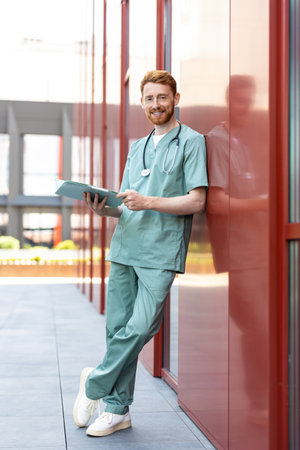 Man physician reading open folder leaning near clinic wallの写真素材