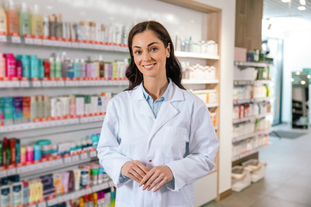 Professional woman working as pharmacist posing in drugstoreの写真素材