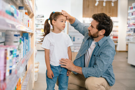 Male with daughter posing in healthcare store touching kids forehead checking her temperatureの写真素材
