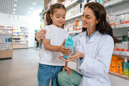 Female pharmacist in white coat showing product to little girl during consultationの写真素材