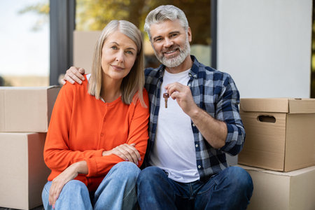 Senior man showing house keys with wife smiling near entrance of new houseの写真素材