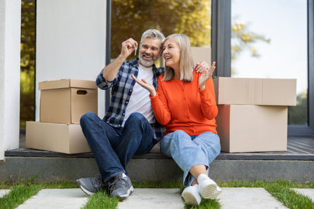 Senior couple sitting at front door with keys enjoying new propertyの写真素材