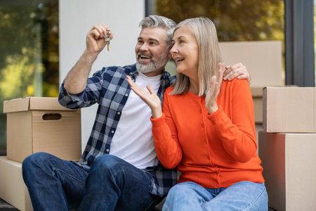 Senior man holding house keys sitting with woman smiling together near doorwayの写真素材