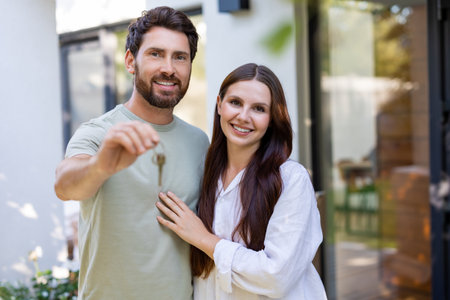 Happy couple looking excited while moving to a new houseの写真素材