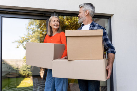 Mature couple holding moving boxes smiling at front door of houseの写真素材