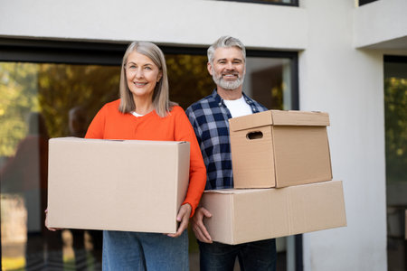 Smiling senior couple carrying cardboard boxes at home entranceの写真素材