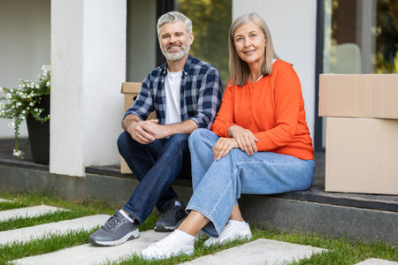 Senior couple sitting on porch near boxes resting after movingの写真素材