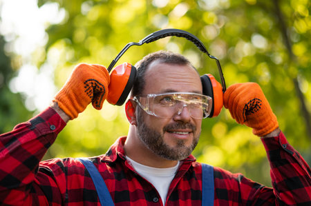 Gardener in protective goggles adjusting earmuffs before mowing lawn in gardenの写真素材