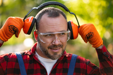 Male gardener preparing for grass trimming wearing safety glasses and headphonesの写真素材