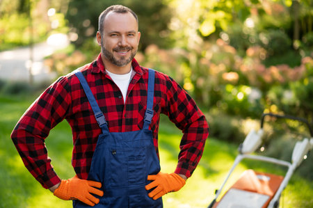Gardener standing in sunny garden with lawnmower surrounded by green plantsの写真素材