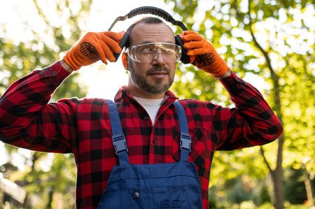 Worker in garden uniform adjusting hearing protectionの写真素材