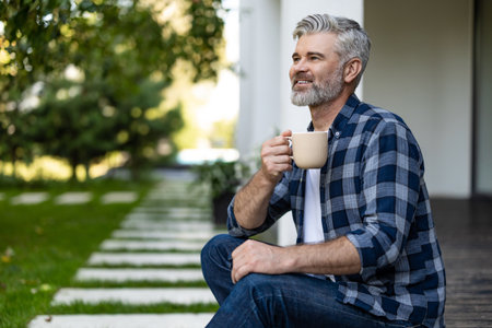 Contented senior bearded man with a cup of coffee in handsの写真素材
