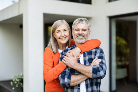 Cute woman in orange shirt hugging her husband and smiling nicelyの写真素材